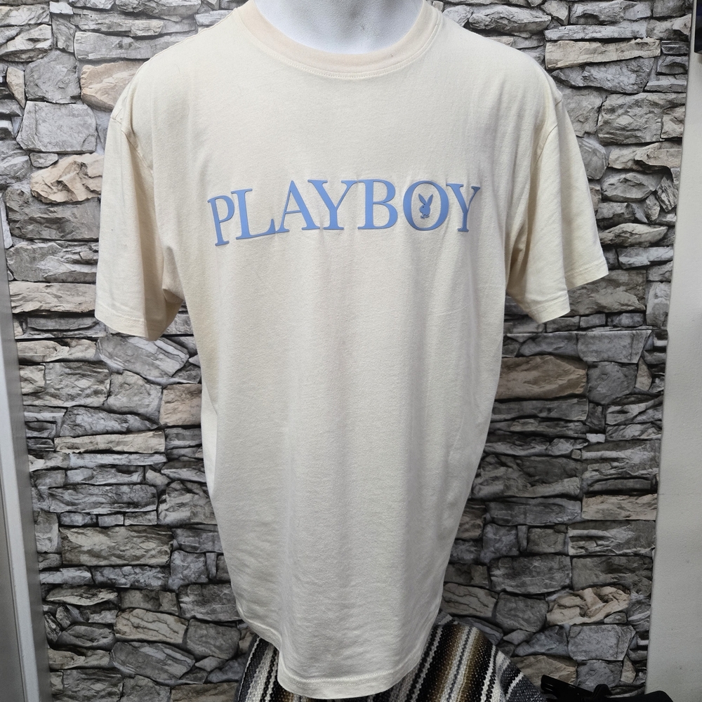 PLAYBOY Men Large Cream and Blue Short Sleeve Crewneck Y2K Tshirt